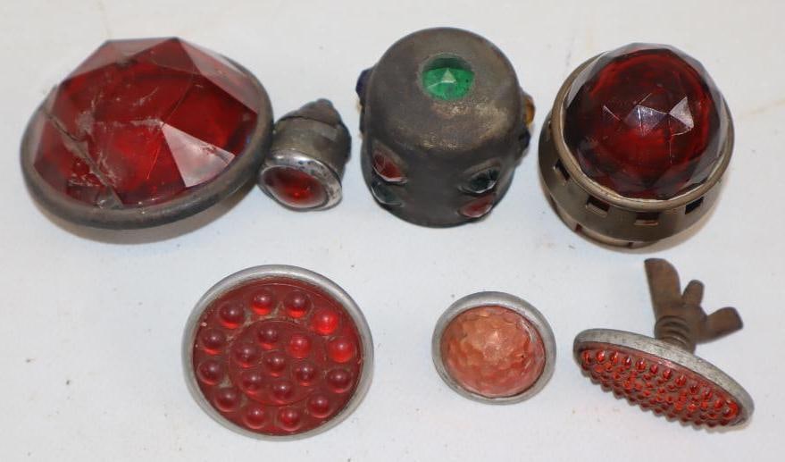 Group of 7 Early Automobile Jewel Reflectors and License Plate Bolts: Largest is 2x2x1.25