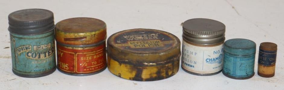 Group of 6 Early Automobile Related Parts Tins: Largest is 2.5x2.5x1