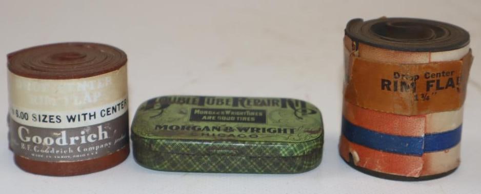Group of 3 Early Automobile Double Tube Repair Kits and Rim Flaps: Largest is 2.5x1.5