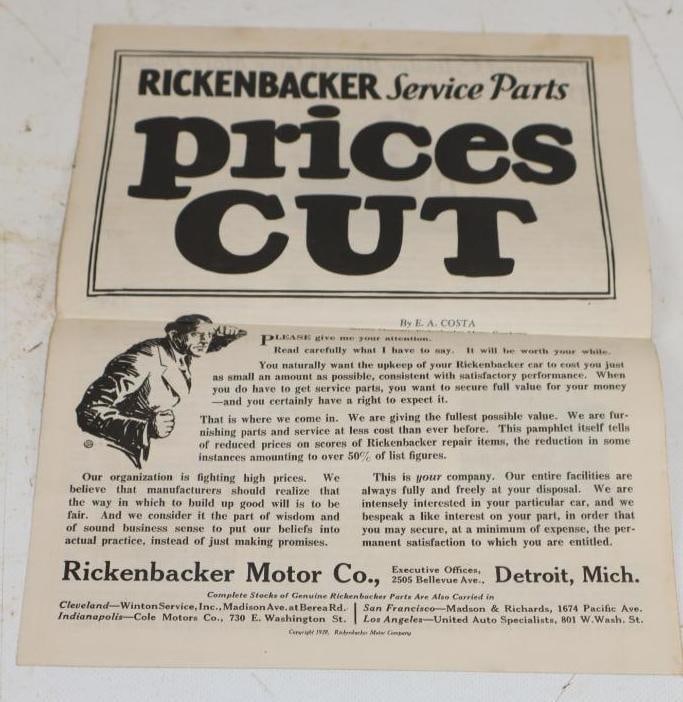 1928 Rickenbacker Motor Co. Radiator And Parts Price List (1 of 3)