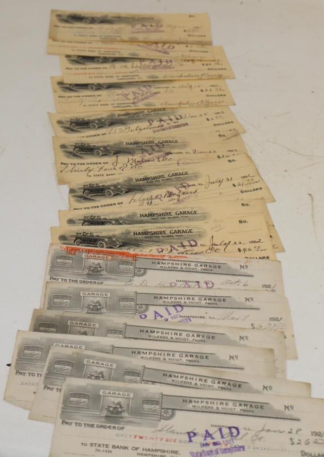 Group of 15 1920's Hampshire Garage Receipts With Old Car Scenes: 8.5x3.5 Each