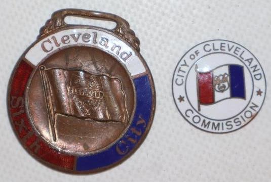 Group of 2 Cloisonne Cleveland Watch Fob And City Commission Pin Back Badge (1 of 2)
