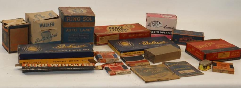 Group of 18 Early Automobile Parts and Accessory Empty Boxes: Largest is 12x4x2