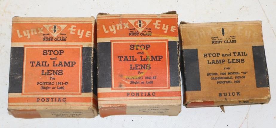 Group of 3 1930s and 40s Pontiac Lynx Eye Stop Lamp Lenses in Original Boxes (1 of 2)