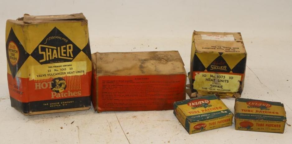 Group of 5 Green Top, Shaler, and Heatfast Tire Tube Repair Boxes: 5x8x3.5