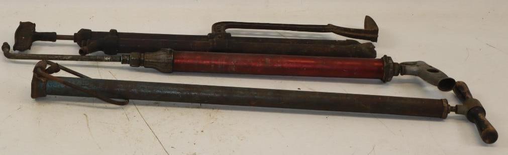 Group of 3 Early Automobile Tire Inflaters and Grease Gun: Largest is 31x6x3