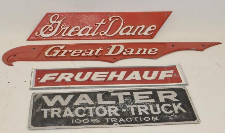 Group of 4 Great Dane, Fruehauf and Walter Semi Truck Name Plates: Largest is 26.5x4.5