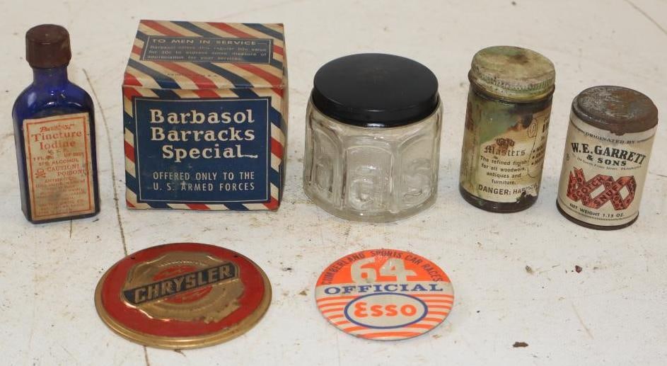 Group of 7 Household Advertising Jars, Esso Badge, and Other Items (1 of 5)
