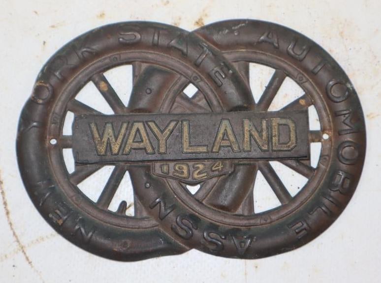 1924 Wayland New York State Automobile Association Die Cut Radiator Badge: 4.5x3.75