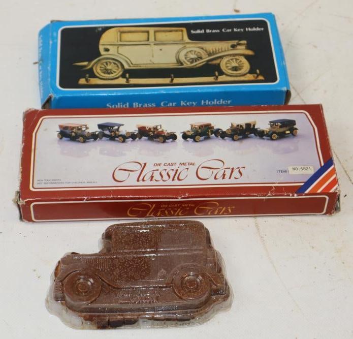 Group of 3 Early Auto Shaped Key Holder Cars and Chocolate: Largest is 10x3.5x1
