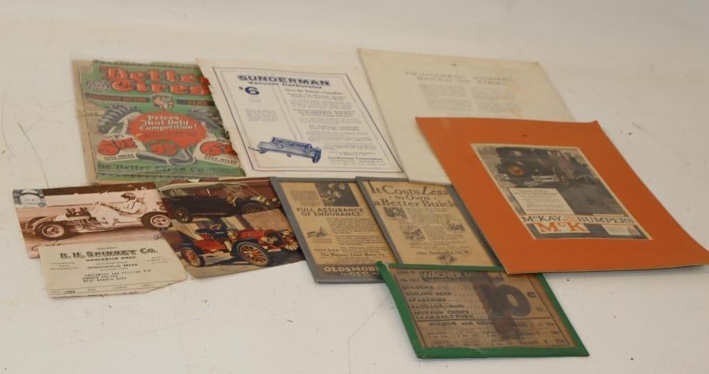 Group of 11 Early Automobile Parts, Advertisements and Post Cards: Largest is 9.5x12