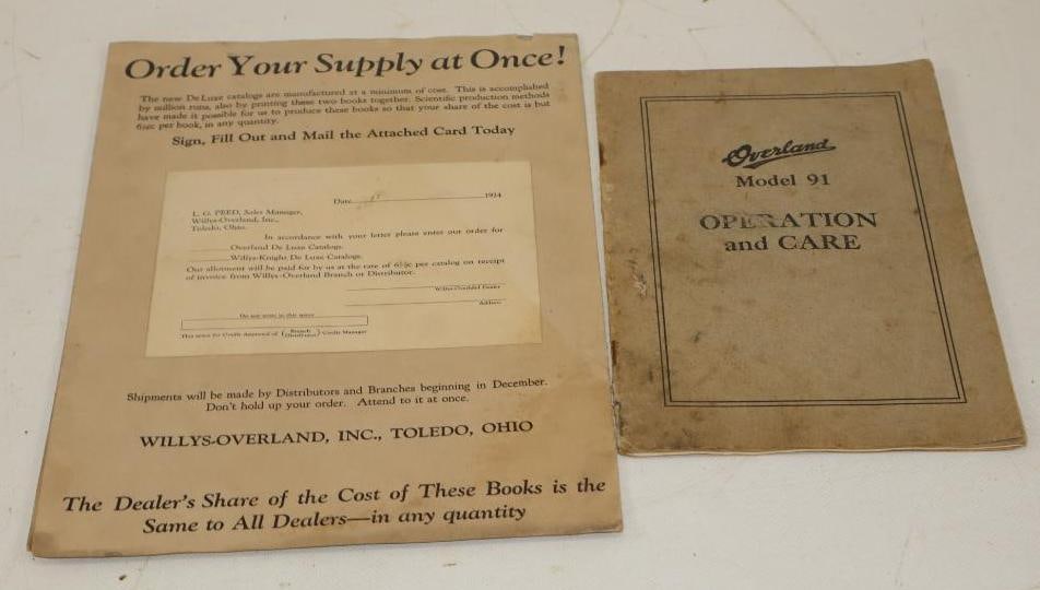 Group of 2 1922 and 1924 Overland Operation Manual and Catalog Supply Order Form: Largest is 8x11