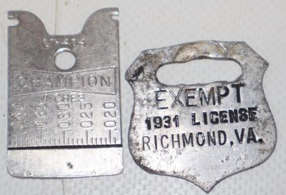 Group of 2 1931 Richmond Virginia Exempt License and Champion Spark Plug Gap Tool (1 of 2)