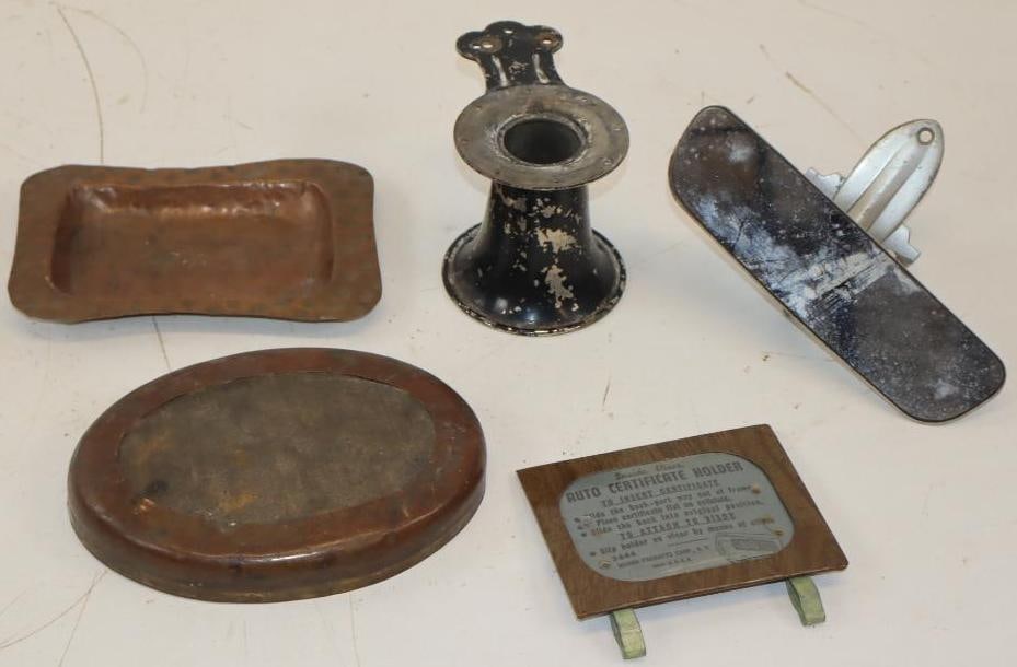 Group of 5 Early Automobile Mirror, Horn Pieces, Certificate Holder And Brass Ashtray: Largest is 7.75x5.75