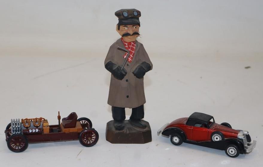 Group Of 3 Ford, Packard Model Cars & Wood Carved Driver: Largest Is 2x1.5x5.75