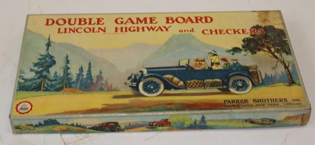 1926 Parker Brothers Lincoln Highway & Checkers Board Game In Original Box: 17x9x1.5 Appears To Be Complete. Bottom Of Box Has Some Separation