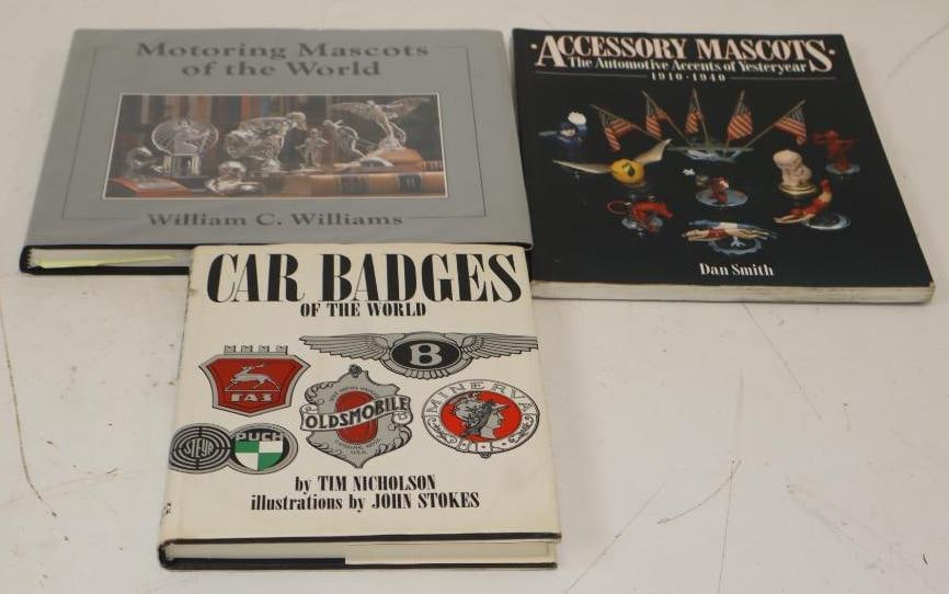 Group Of 3 Car Badges And Mascots Identification Books: Largest Is 10.5x9.5x1