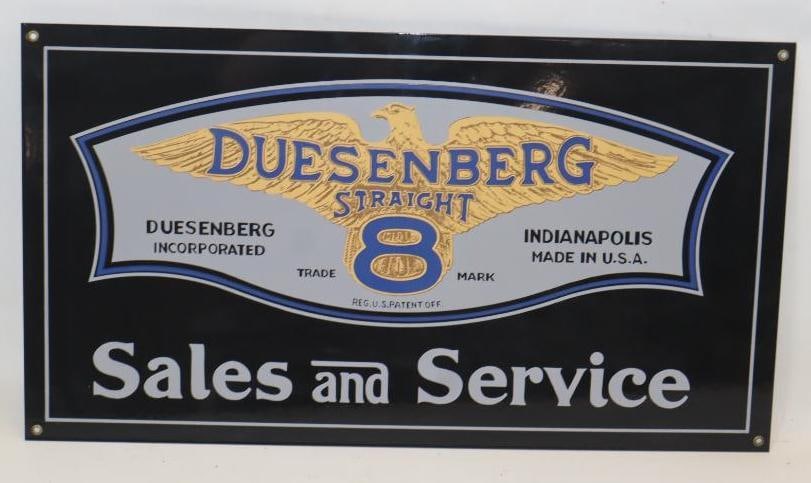 Duesenberg Straight 8 Sales & Service Reproduction Porcelain Advertising Sign: 24x13.5