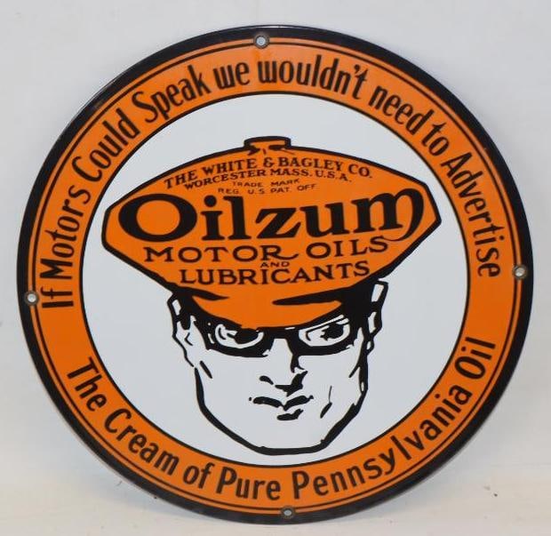 Porcelain Oilzum Motor Oil Reproduction Advertising Sign: 11.25x11.25