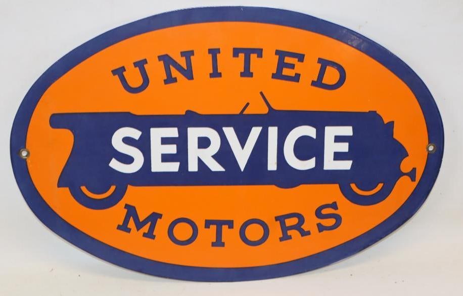 Porcelain United Service Motors Reproduction Advertising Sign: 16.5x10.5