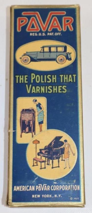 Pivar 1927 Automobile & Household Polish Glass Bottle With Paper Label In Original Box: 3x1.5x8.5