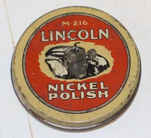 Lincoln Motor Car Nickel Polish Tin: 3.5x3.5x1