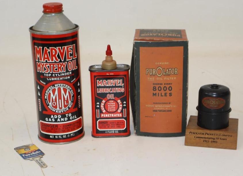 group Of 3 Marvel Mystery Oil Purolator Commemorative Oil Filter: Largest Is 16oz