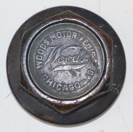 Woods Motor Vehicle Co. Brass Threaded Automobile Hubcap: 2.75 Diameter