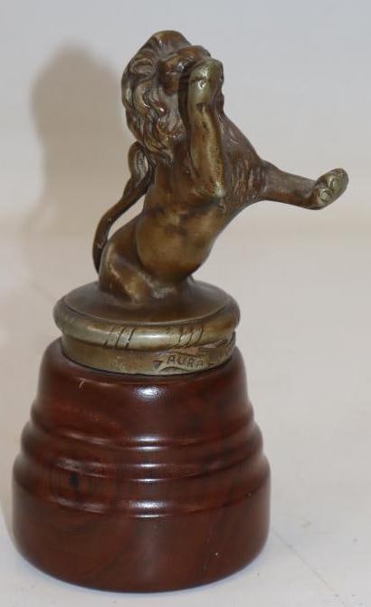 Franklin Motor Car Lion Hood Ornament Mascot Mounted On Wood Base: 3.25x3.25x6.75