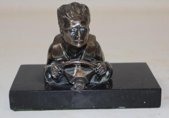 French "Racing Driver" Automobile Radiator Mascot Mounted On Marble Base: 3.5x6x4