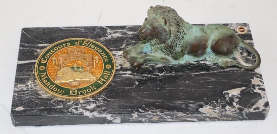 Meadow Brooke Hall Concours' D' Elegance Marble Award With Lion Sculpture: 10.5x5x4 Mounted On Marble