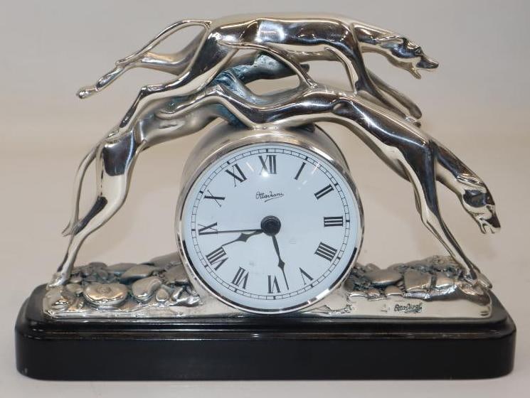 Ottaviani Italian Silver Lincoln Greyhound Sculpture Double Sided Table Clock: 10.25x7.75x3