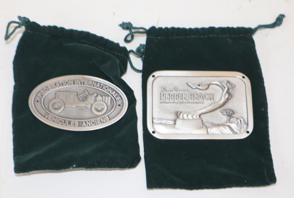 Group Of 2 Federation International & Pebble Beach Concours D'Elegance Pewter Dash Plaques: Largest Is 3.25x2.25 Pebble Beach Is Stamped GM On Back