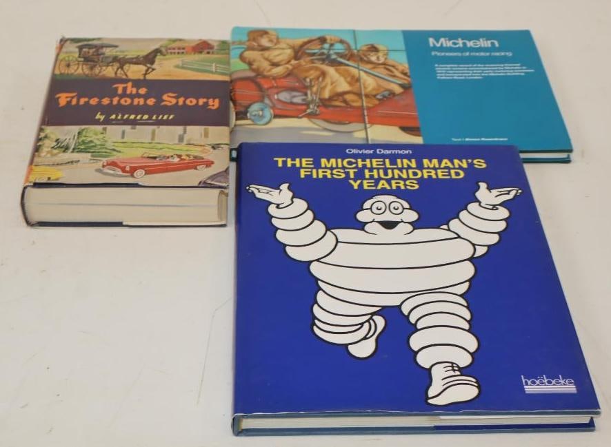 Group of 3 Michelin and Firestone Hardbound Company History Books: largest 12.5" x 9.5" x 1"