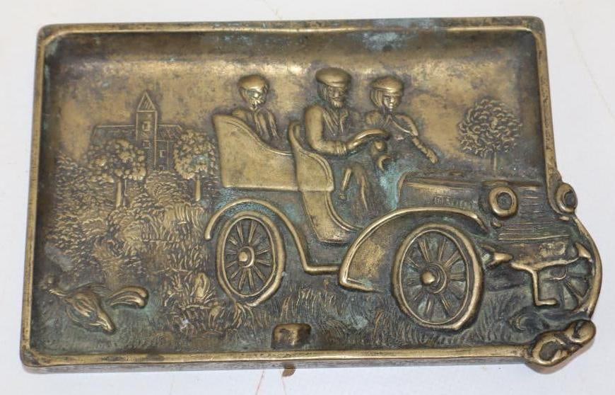 Brass Embossed Ashtray With Relief Scene Of Early Automobile: 6x3.75x.5