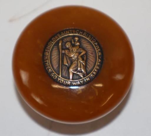 Bakelite Automobile Shift Knob With St. Christopher Recessed Medallion: 2x2x1.25
