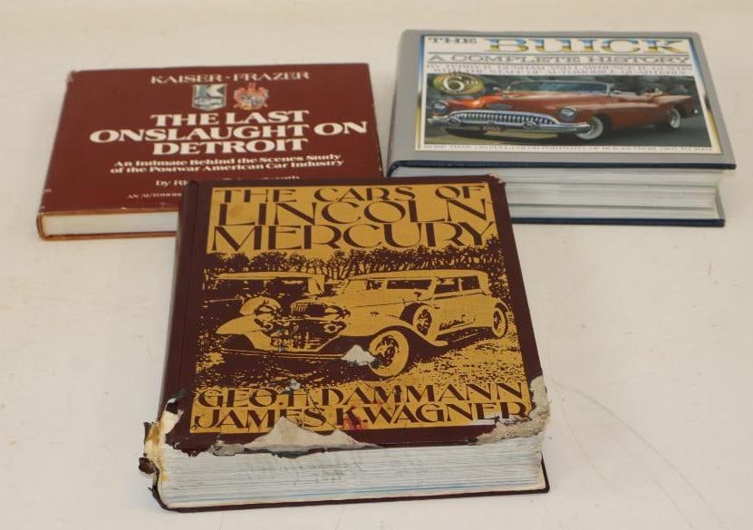Group of 3 Buick, Lincoln Mercury, and Kaiser Frazer Hardbound Automobile Books: largest 11" x 9" x 2"