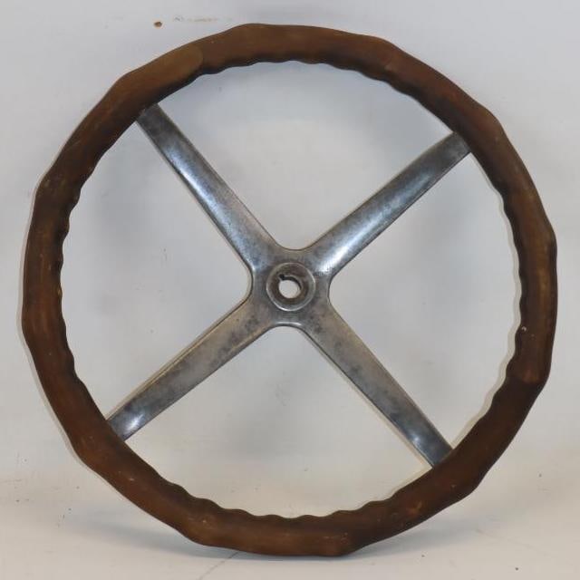 Wood Framed 4 Spoke Early Automobile Steering Wheel: 17x17x2.5