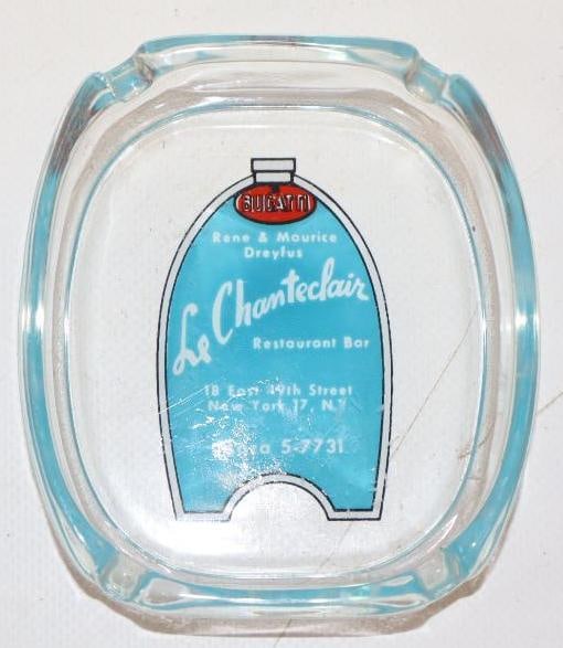Le Chanteclair Restaurant Bugatti Glass Advertising Ashtray: 3.25x3.75x1