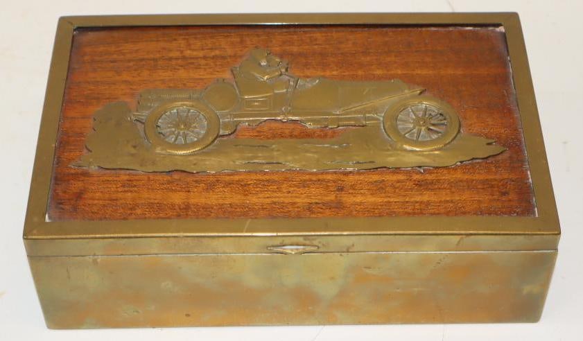 Early Racecar Automobile Copper & Cedar Embossed Cigar Humidor: 9x5.5x3