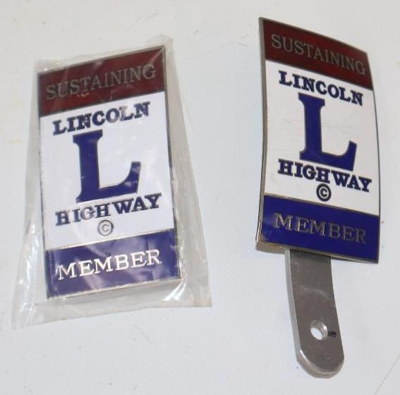 Group Of 2 Lincoln Highway Sustaining Member Cloisonne License Plate Topper & Grill Badge: Largest Is 2.25x5.5
