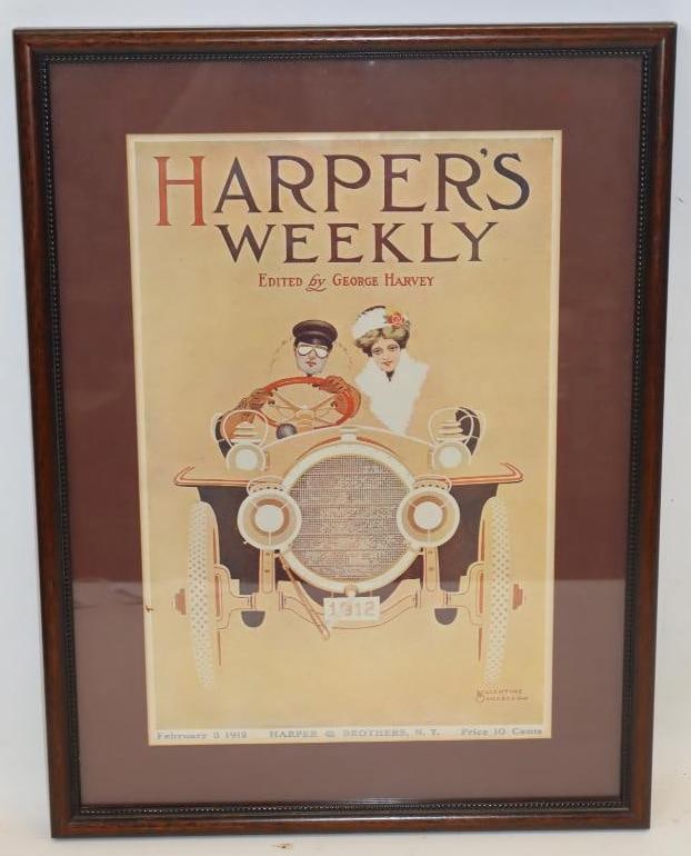 1912 Harper's Weekley framed Magazine Cover With Early Automobile: 14.5x19.5