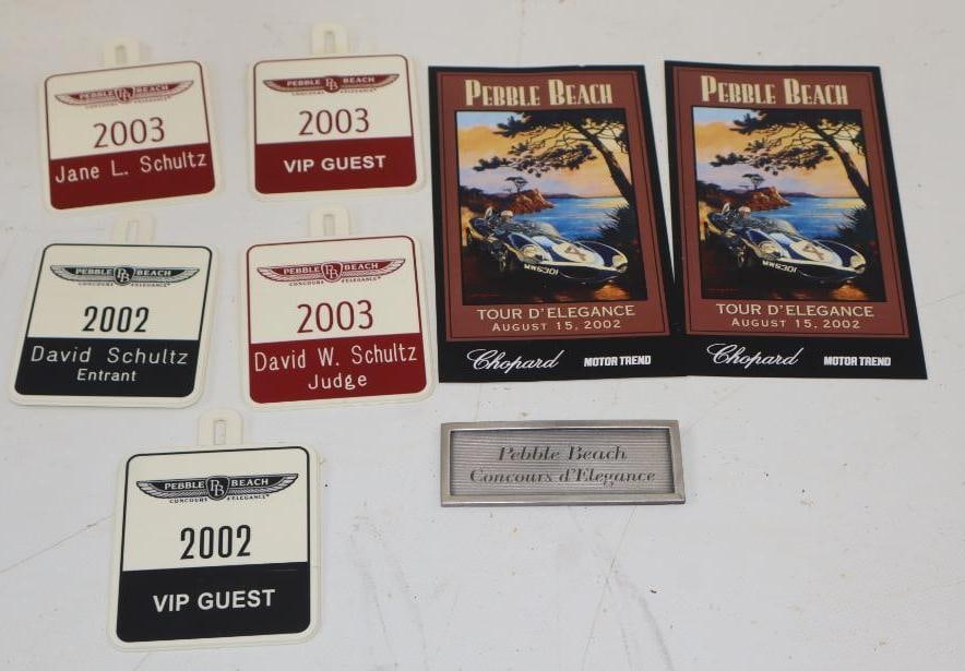Group Of 8 Pebble Beach Concours D' Elegance Car Show Pamphlets, Name Badges & Plaque: Largest Is 6.5x3.5