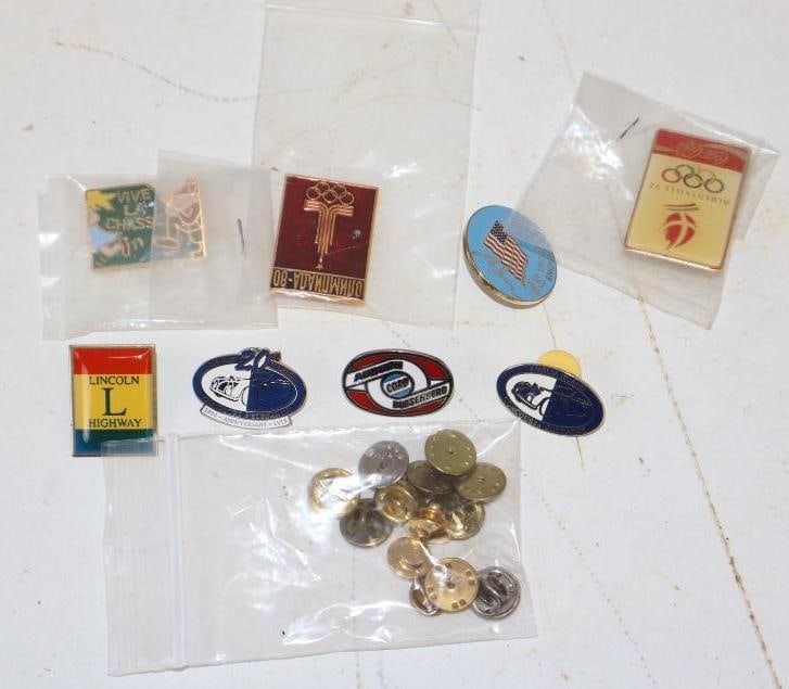 Group Of 8 Advertising Pin Back Badges With Extra Backs: Largest Is 1.5x1