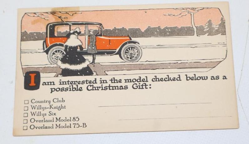 1920 Willys Knight Overland Christmas Dealership Postcard: 5.5x3.25