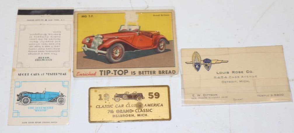 Group Of 4 Early Car Matchbook, Plymouth Dealership Business Card Tip-Top Bread Card And Show Plaque: 3.5x2.5