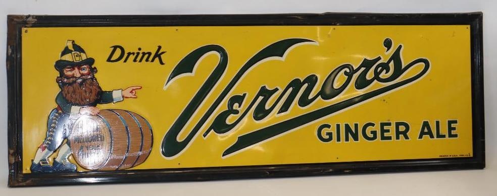 SST Embossed Self Framed Vernors Ginger Ale Horizontal Advertising Sign: 55x18.5 Is Marked Printed In USA Form 43-B