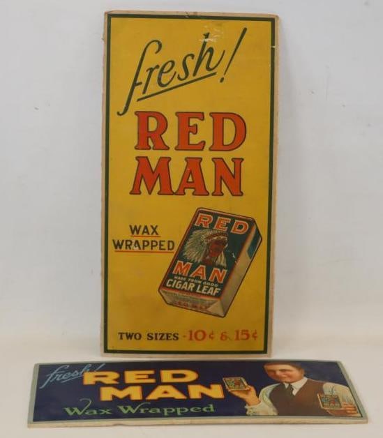 Group Of 2 Red Man Cigar Leaf Tobacco Paper Advertisements Mounted On Foamboard: Largest Is 10x20