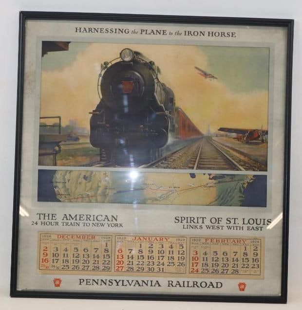 1928-1929 Pennsylvania Rail Road Framed Advertising Calendar With Spirit Of St. Louis: 30x31 Is Marked The Osborne Company
