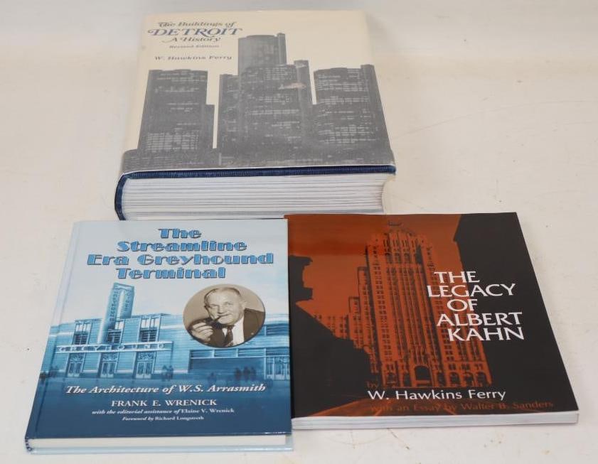 Group of 3 Detroit Buildings, Greyhound Terminal, and The Legacy of Albert Kahn Architectural Books: largest 9.5" x 12.5" x 2.5"